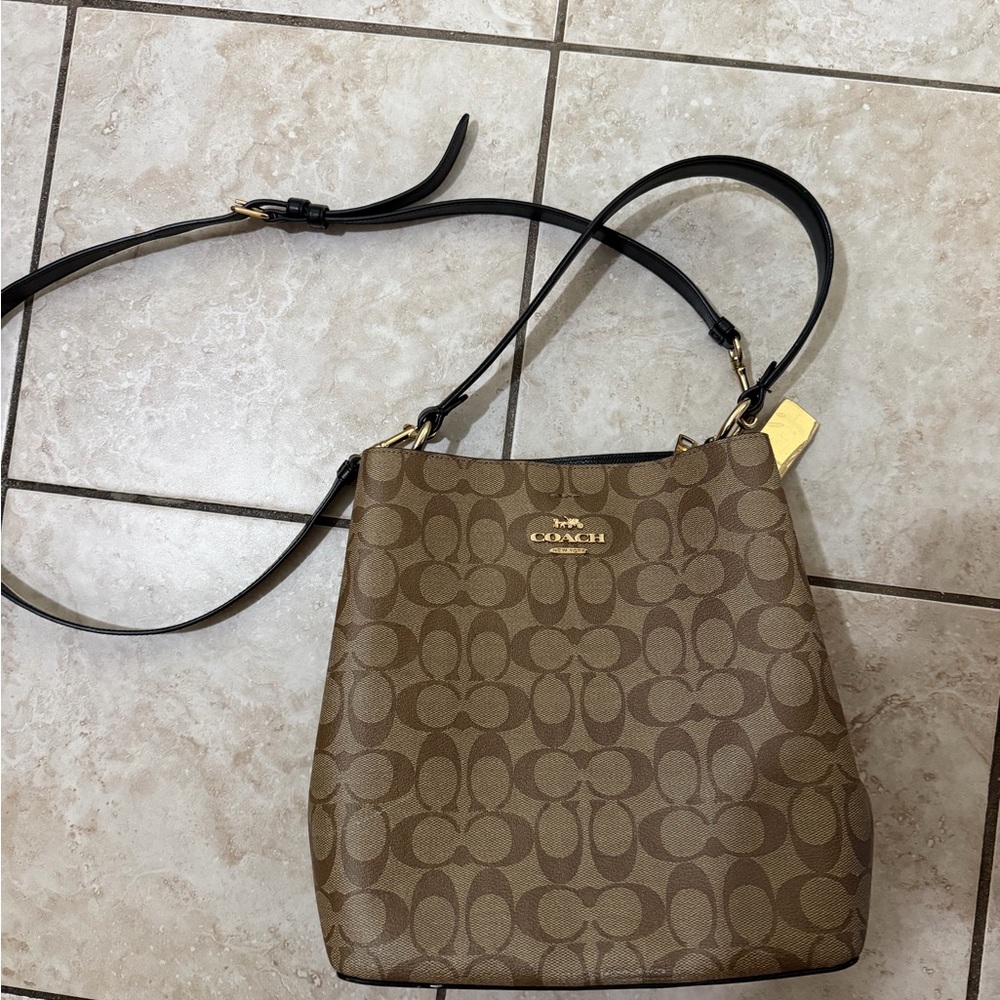 Coach Brown Signature Crossbody with Black Strap and Gold Hardware
